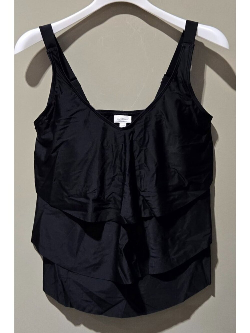 Avenue Black Tiered Accent Tankini Swim Top w Built in Shelf Bra - Plus Size 14W
